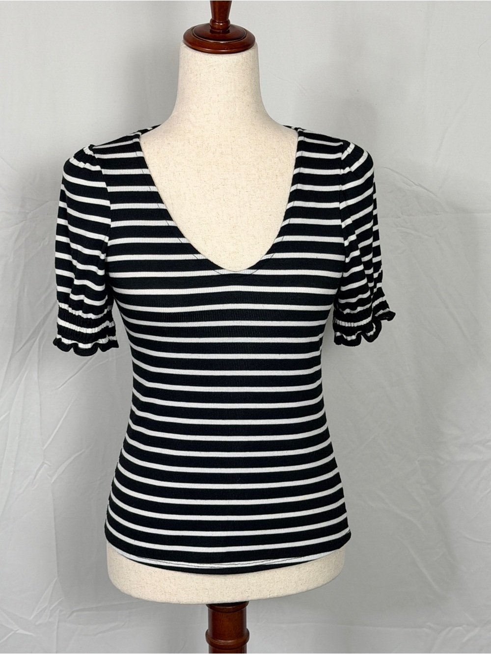 W5 Black and White Striped V-Neck Ruffle Sleeve Tee. Classic